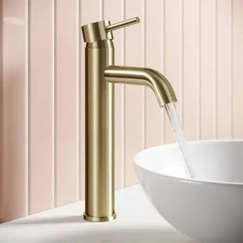 Modern Brushed Brass High Rise Basin Mixer Tap