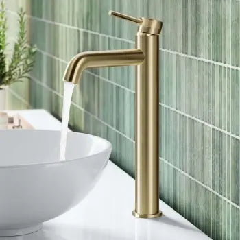 Modern Brushed Brass High Rise Basin Mixer Tap