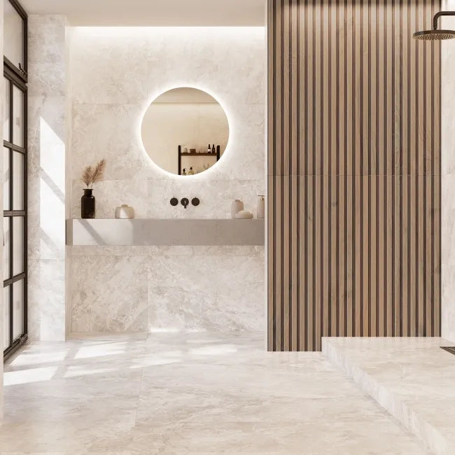 Mylos Ivory Stone Effect Matt Porcelain Wall & Floor Tile - 600x1200mm