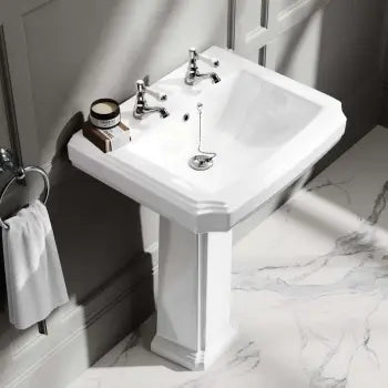 Traditional White Ceramic Full Pedestal Basin with Two Tap Holes