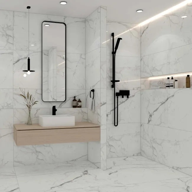 Carrera White Marble Effect Rectified Polished Porcelain Tile - 600x1200mm