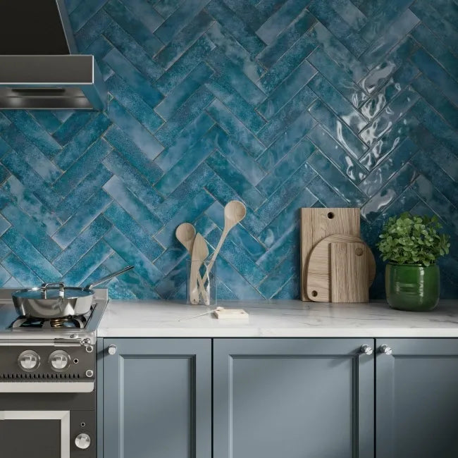 Aqua Blue Brick Effect Gloss Ceramic