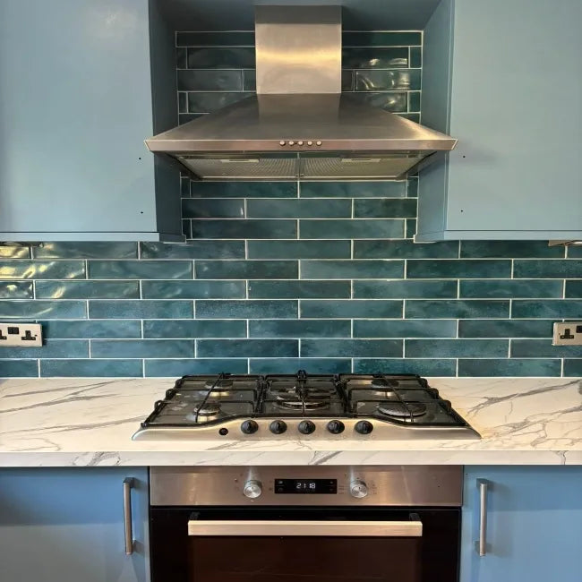 Aqua Blue Brick Effect Gloss Ceramic